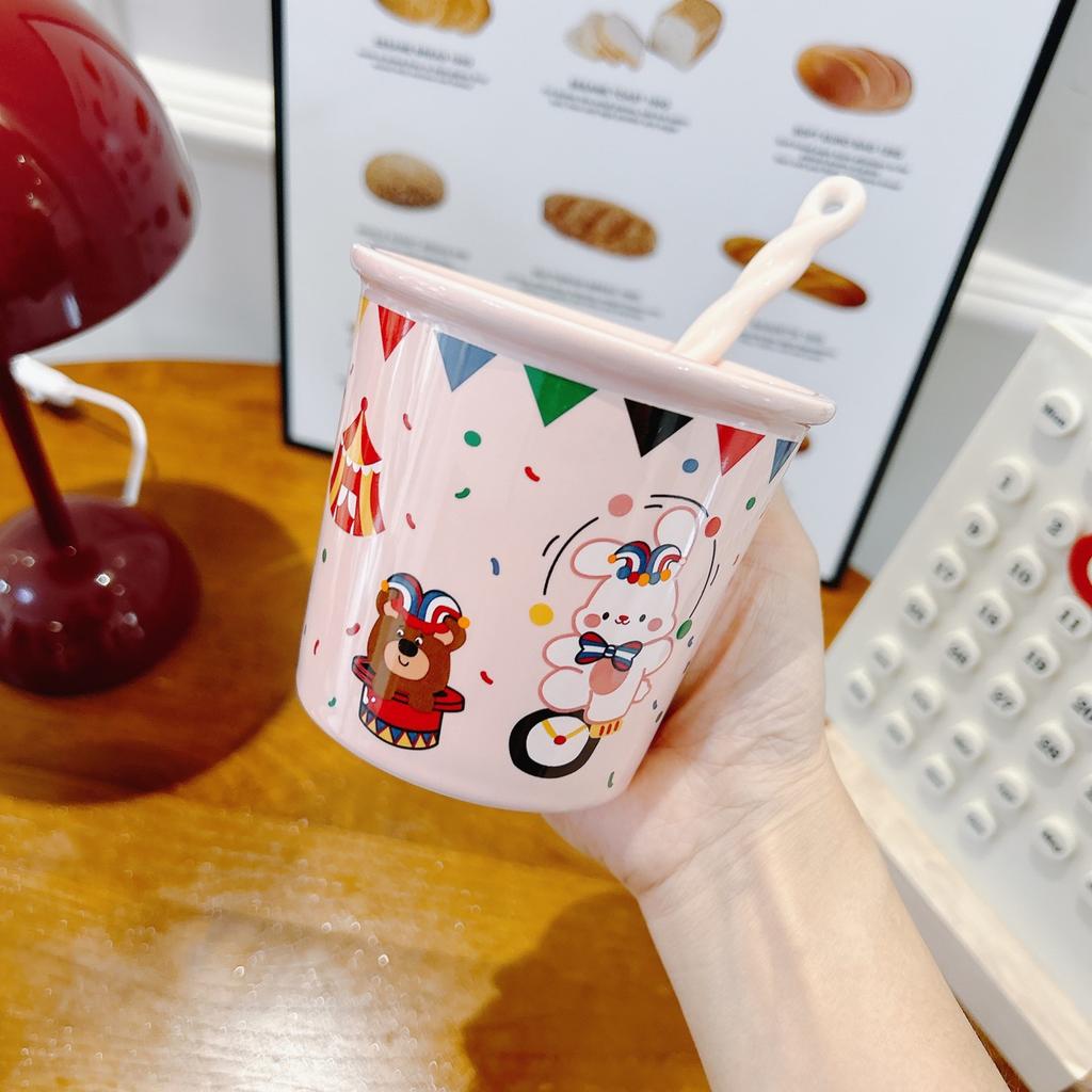 Ceramic Cup Large Capacity Circus Bear Rabbit Cute Cartoon Cup Milk Cup Coffee Cup with Spoon Gift
