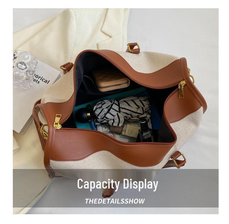 Ретро женская холщовая дорожная сумка - Большая вместимость, Дизайн с цветовыми блоками, Идеальна для спорта, фитнеса и путешествий на короткие расстояния