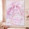 Cute Cartoon Pink Bunny‑Ear Girl Tapestry Ruffle Dress Little Rabbit Doll Bow Lace Wall Hanging Polyester Wall Art Poster