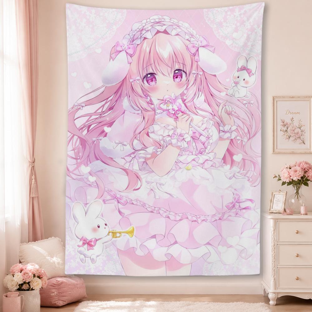 Cute Cartoon Pink Bunny‑Ear Girl Tapestry Ruffle Dress Little Rabbit Doll Bow Lace Wall Hanging Polyester Wall Art Poster
