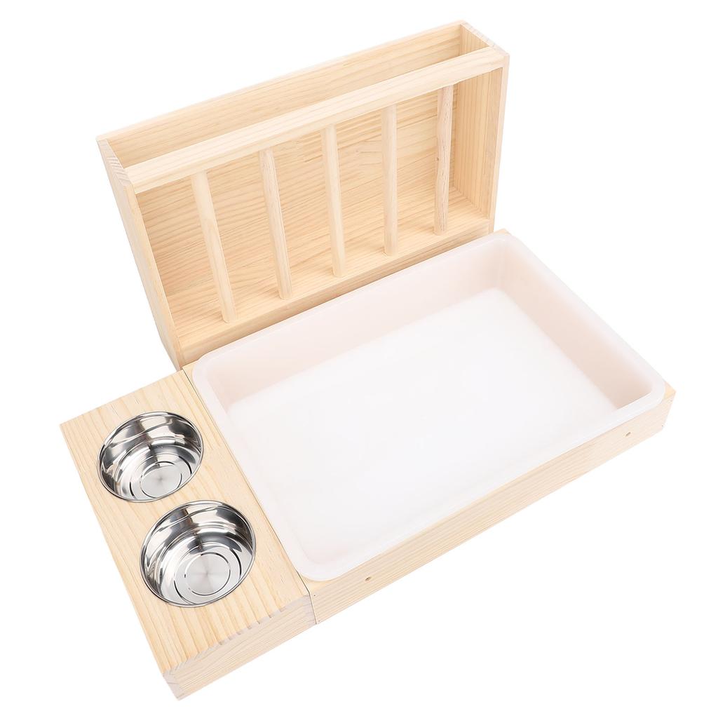 Rabbit Hay Feeder with Litter Box 2 Stainless Steel Bowls Mess Proof Wooden Bunny Feeding Manger