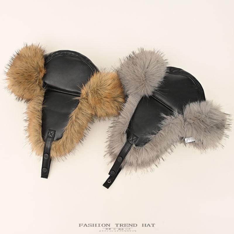 Mens Winter Warm Faux Fur Trimmed Leather Hat With Ear Protection Hooded Cap Outdoor Cold Weather