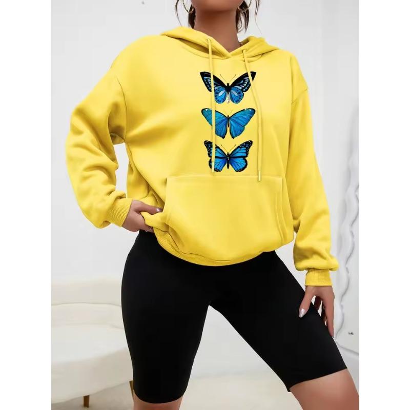 Creative Butterfly Design Print Women Hoodie New Street Casual Sweatshirt Fashion Fleece Hoody Pocket Comfortable Female Tops