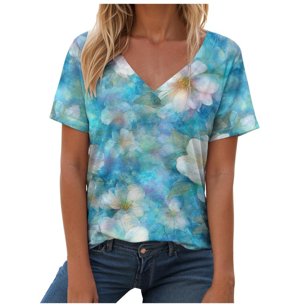 Women's V-neck floral butterfly print T-shirt short sleeved