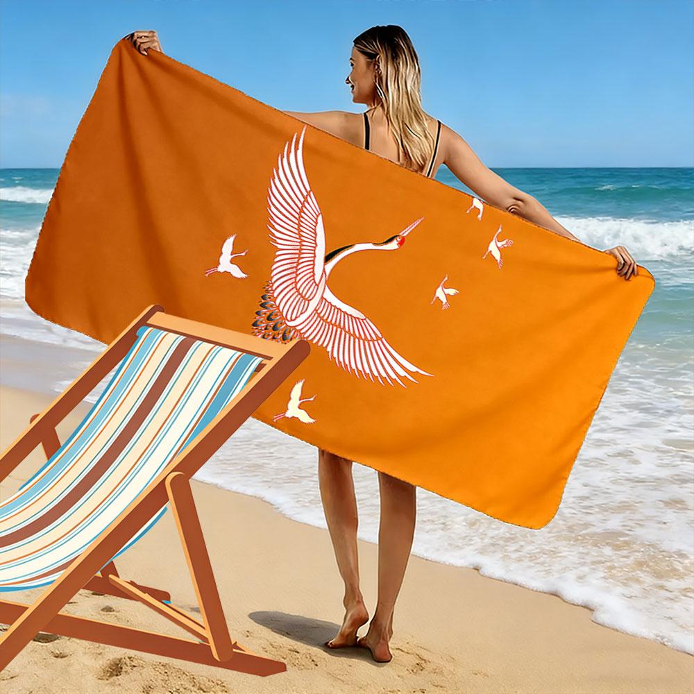 Flying Cranes on Orange Background Beach Towel Quick-drying for Travel Outdoor Sports Jogging Beach and Swimming