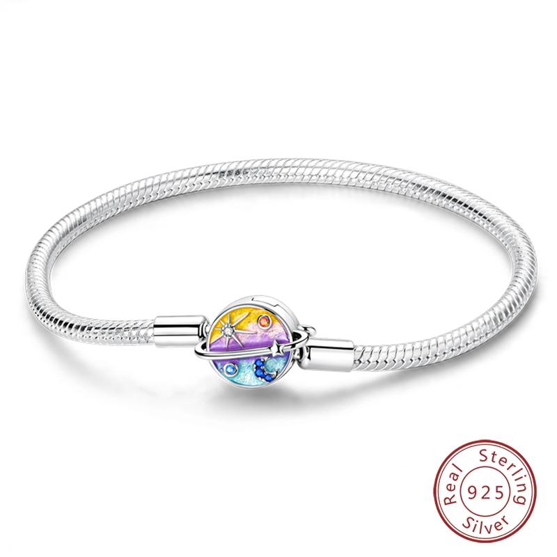 Браслеты из серебра 925 пробы 'Навсегда Любовь' Персиковое Сердце, Звезда, Луна, Самолет, Земля для Женщин, Подходят для DIY Шармов, Вечерние Украшения