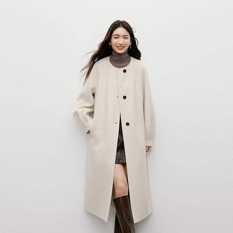 Lantern sleeve round neck medium long double-sided woolen coat