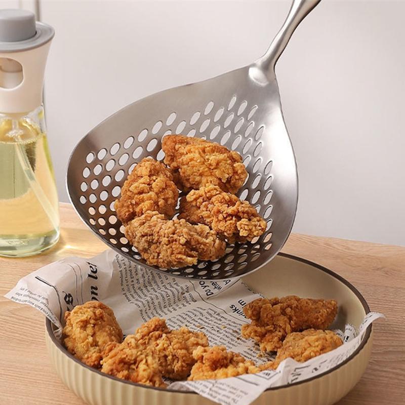 Большой Прочный Нержавеющий Стальной Дуршлаг Ложка-Скиммер Кухонная Сливная Ложка для Приготовления Жарки с Защитой от Ожогов 1 шт.