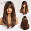 Synthetic Wigs for Black Women Afro Long Straight Ombre Black Brown Ash Blonde Wig with Bangs Cosplay Layered Wig