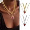 Women Necklace Double-layered with Blade And Heart Pendant Red Rhinestone Decor Stainless
