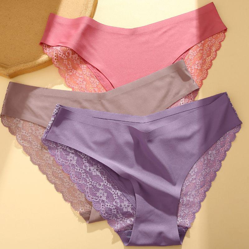 FINETOO Seamless Panty Lace Sexy Comfortable Briefs for Woman Low-waist Ice Silk Panties for Girl