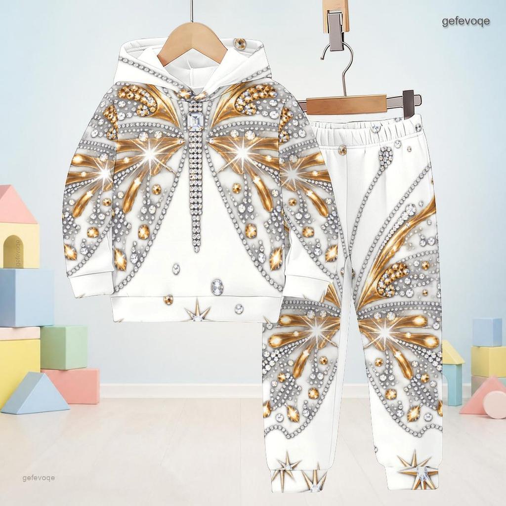 Boys Girls Hooded Long Sleeve Printed Sweatshirt Cuffed Pants Two Piece Set