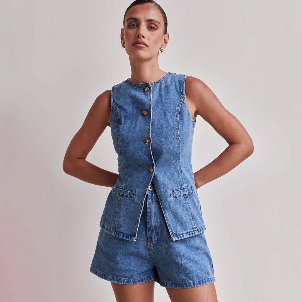 Spring/Summer 2025 European & American Fashion Sleeveless High Waist Loose Denim Shorts Set