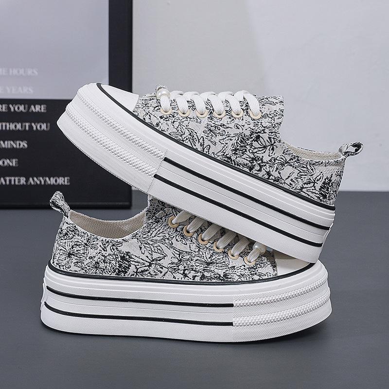 Женские парусиновые кеды с низким верхом, с принтом, на толстой подошве, увеличивающие рост, парусиновые кеды с граффити, женские новые студенческие кеды