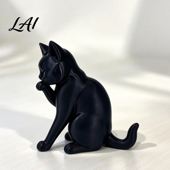 Decorative Statue for Entrance Black Cat Figurine 3D Printed Kitten Licking Paw Statue Art Modern Tabletop Kitty Sculpture Home Office Desk Bedroom