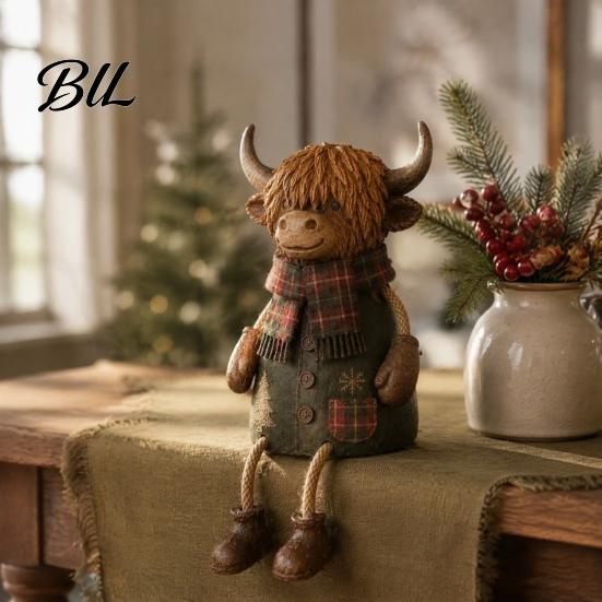 Christmas Holiday Decoration Highland Cow Figurine, Cute Ornament with Retro Plaid Clothing for Farmhouse Warm Festive Room Accents Tabletop Shelf And