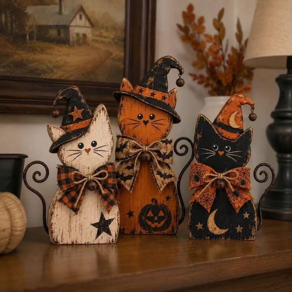 Vintage Witch Cat Decor Rustic Desktop Decoration Halloween Figurine Set Home Decor