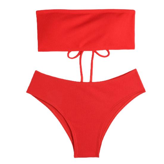 2Pcs/Set Back Lace-up Solid Color Bikini Set Two Pieces Bandeau Bra