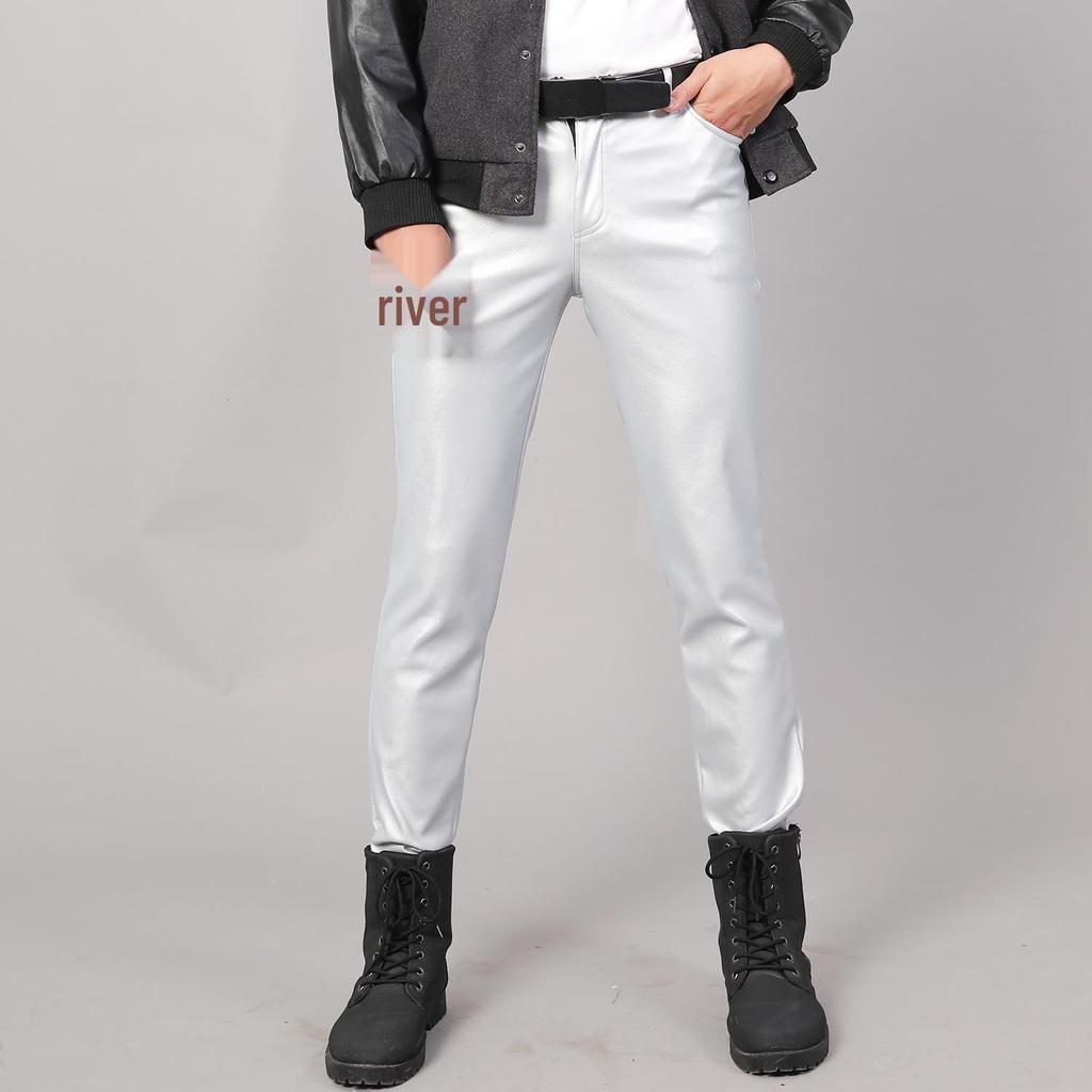 Men's Korean Style Slim Fit Motorcycle Leather Pants - Fleece-Lined, Skinny, Elastic, Spring/Autumn Trend
