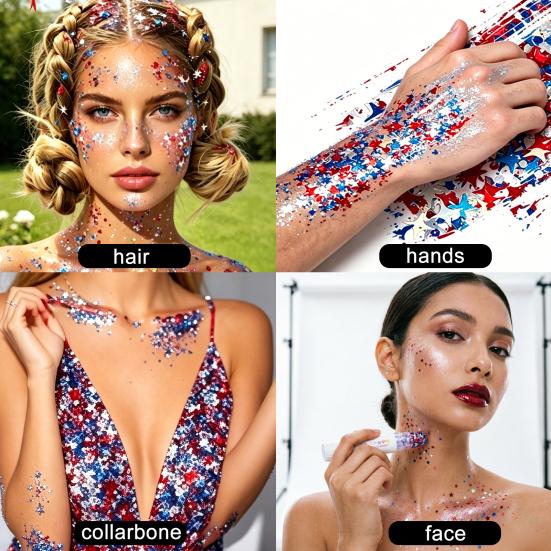 15G Patriotic Red White Blue Glitter Stick 4th of July Makeup Accessories for Women Kids