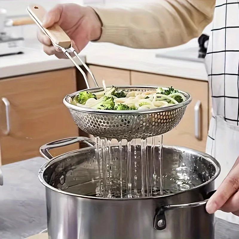 Fine Mesh Stainless Steel Strainer Skimmer - Wood Handle Pasta Oil Strainer for Cooking, Commercial Grade Kitchen Filter Spoon.