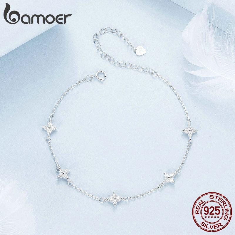 BAMOER 925 Sterling Silver Four-Leaf Clover Anklet Exquisite Sparkling Versatile Anklet For Women Fine Jewelry Party