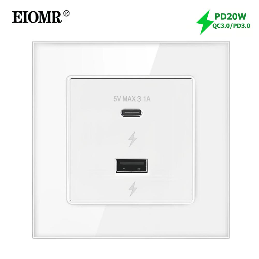 EIOMR Белый Хрусталь Стекло Израиль USB Type-C Зарядка Настенная Розетка, AC 230V 16A ТВ Телефон Звонок Штора Выключатель Света Домашняя Розетка