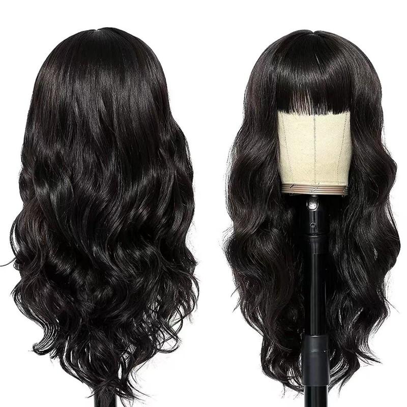 Womens Long Wavy Synthetic Wig With Adjustable Bangs Black Red Brown Natural Look Heat-Resistant Fiber