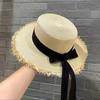 Hairy Straw Hat Summer Flat Top Sun Protection Travel Sun Hat Bow Tie Vacation Straw Hat