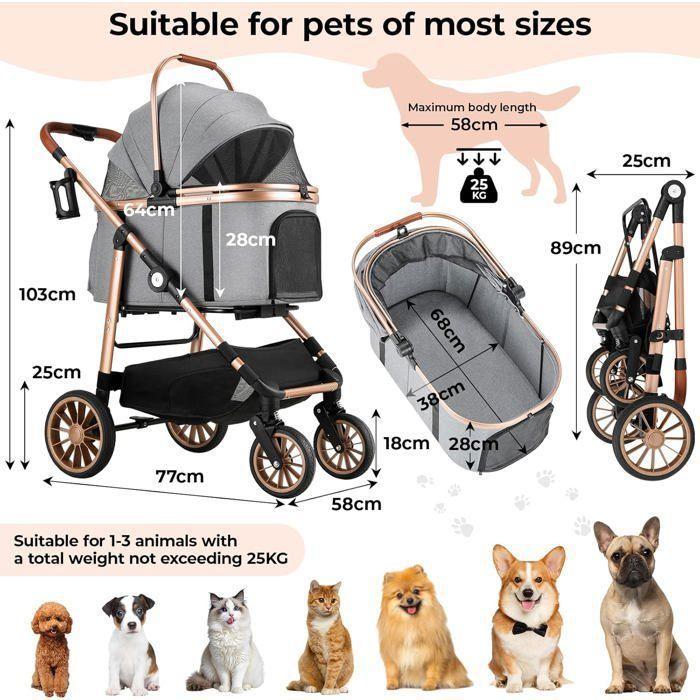 Poussette chien chat 4-en-1 pliable jusqu’à 25 kg, roues 360° amorties, transport animal, poussette tout-terrain confortable