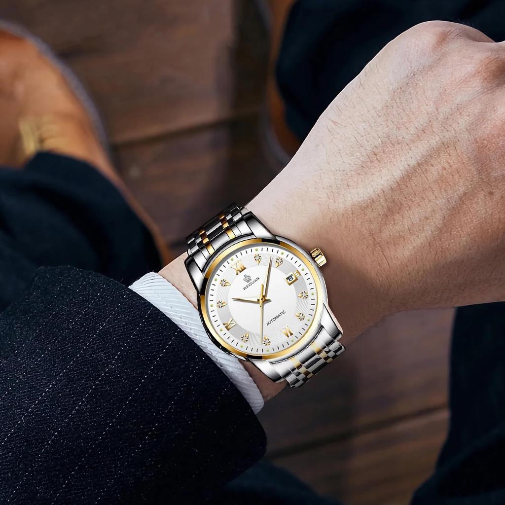 TeamSky Механические Автоматические Ручные Нержавеющие Большие День Подарок Серебристый Браслет Часы, Мужские Часы, Механические, Стальные, Водонепроницаемые, Часы, Стальные, Люминесцентные,