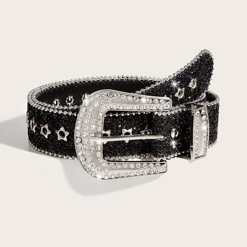 Y2K Women Fashion Solid Print Studded Full Rhinestone Belt Pu Leather Bling Crystal Adjustable Glitter Waistband For Club Party