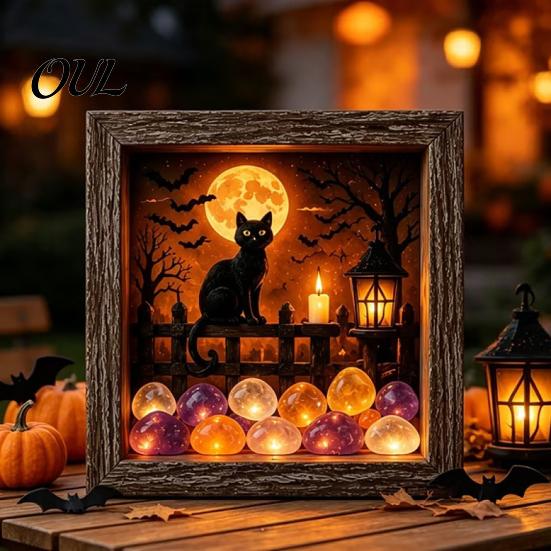 Craft Gifts for Adults DIY Lighted Halloween Ghost Shadow Box Kit, Wooden Frame LED Warm Light, Gothic Bedroom Decor Memory with Crystal Glass Panel,