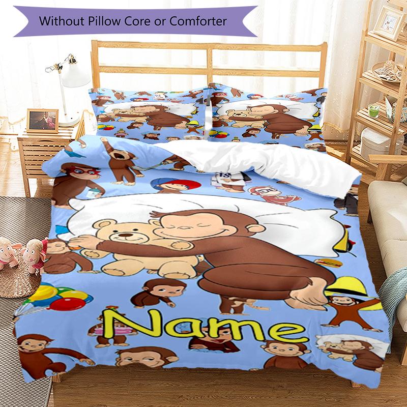 3pcs Custom Name Curious George Bedding Set Duvet Cover Closure Includes 1 Duvet Cover & 2 Pillowcases, Soft and Comfortable for All Seasons.