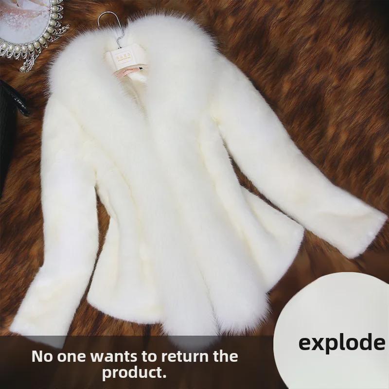 New Women's Short Faux Fur Jacket with Rex Rabbit & Fox Fur Collar, Slim Fit