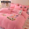 4pcs/set Solid Color Bed Sheet Flower Embroidery Quilt Cover Pillowcases Four Piece Set High-end Skin-friendly Comfortable Naked Sleeping Bedding Set