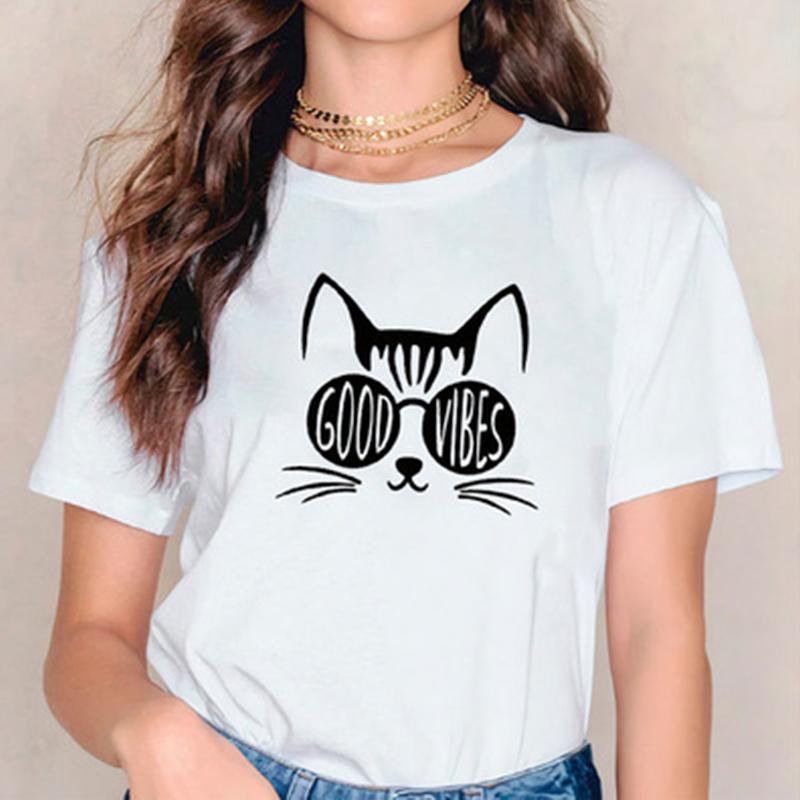 Fashion Women Black Cat Print T Shirt Funny Casual O-neck Short Sleeves T-shirt Summer Female Tee Shirt