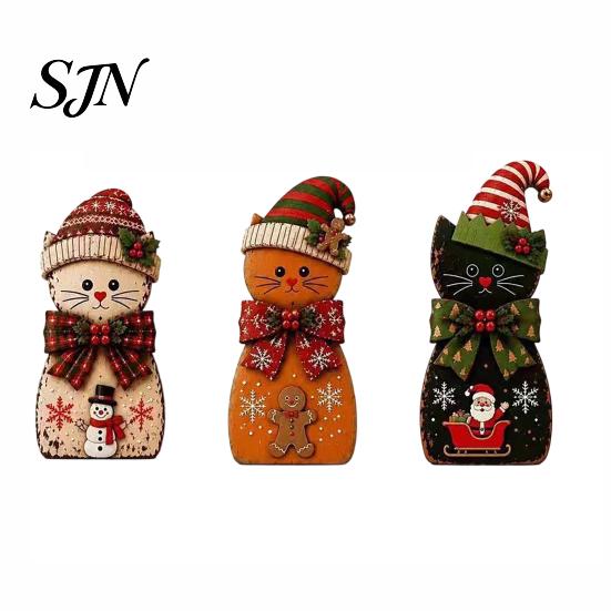 Wooden Desktop Decorations 3Pcs Christmas Cat Tabletop Decor, Rustic 2D Figurines with Xmas Vintage Style Seasonal Decor Hat, Santa & Gingerbread