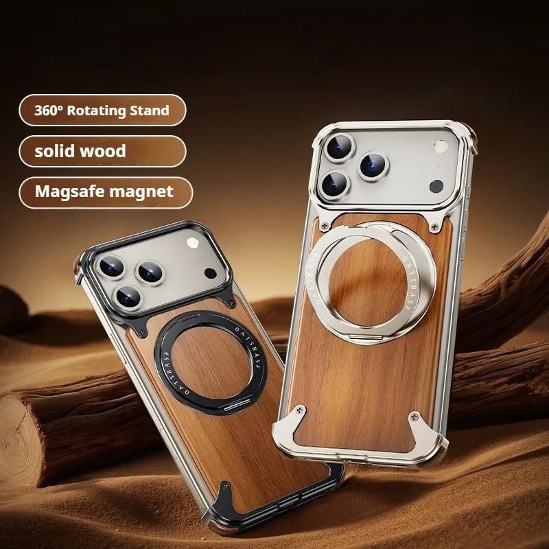 Ранний Магнитный Деревянный Чехол для iPhone 17 Pro Max Air для Беспроводных Зарядных Устройств MagSafe Вращающаяся на 360° Подставка Алюминиевые Корпуса из Массива Дерева