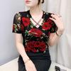 Summer New Fashion Rose Print T-shirt Chic Cross Hollow Out Hot Diamonds Tees Sexy V-neck Short Sleeve Women's Tops Blouse