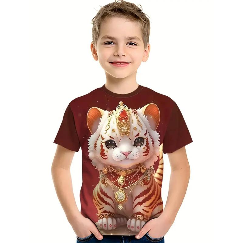 Мультяшный кот Детская одежда для мальчиков Футболка с принтом 3D кота с коротким рукавом Детская одежда Модная футболка для мальчиков Топ Футболка Лето