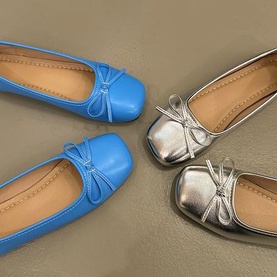 Женские ретро туфли-балетки с нежным бантом, модные элегантные синие серебристые с квадратным носком, слипоны, весна-осень, туфли-лоферы для платья, повседневные
