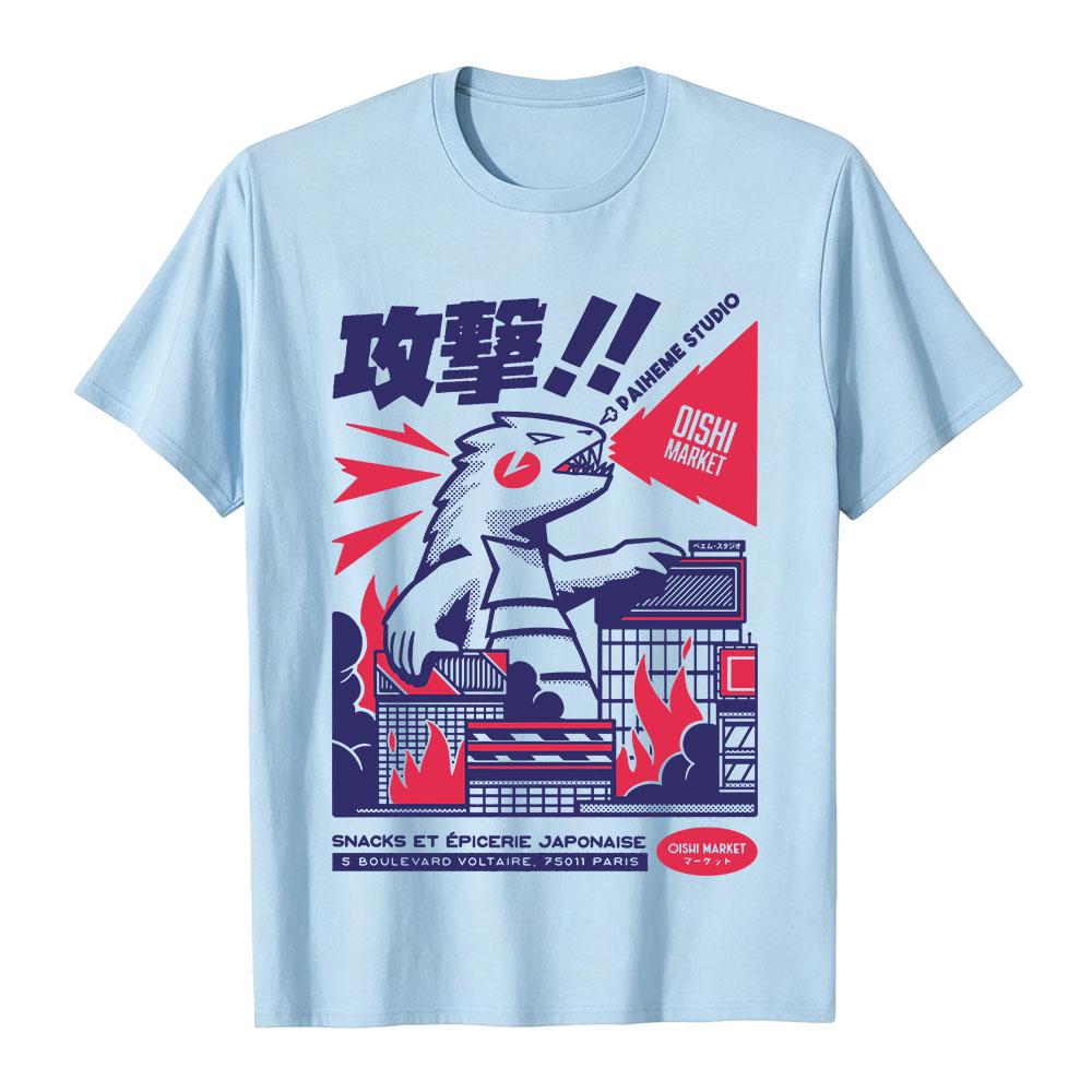 Unique Japanese Urban Dinosaur Graphic T-shirt Cartoon Print Tee for Men Women Trendy Streetwear Cotton Short Sleeve Tee Tops