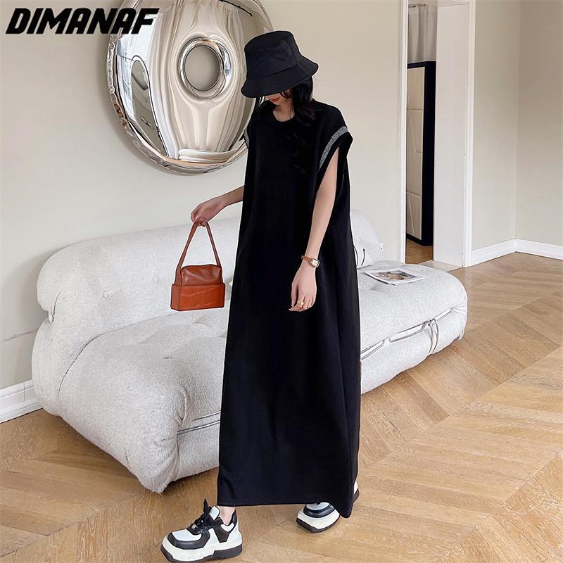 Dimanaf Женское платье больших размеров 2023, новое летнее однотонное платье, длинное платье-футболка, свободные модные базовые платья макси большого размера