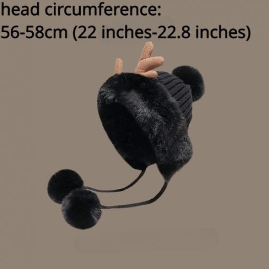 Women Thermal Fleece Lined Beanie Cap Faux Fur Pompom Hat Ear Warmer Christmas