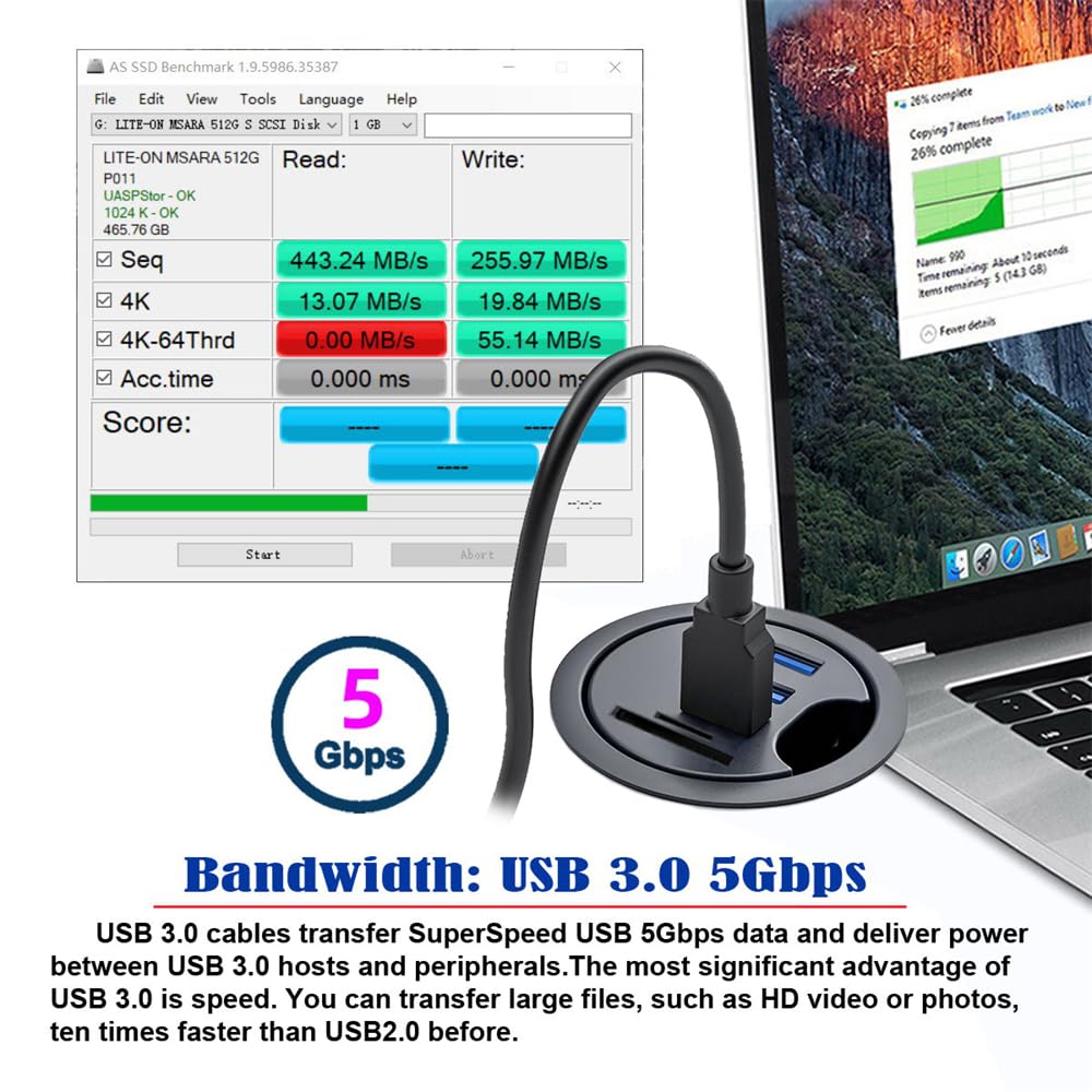 USB-концентратор NFHK с отверстием в столешнице 60 мм, разветвитель, док-станция со считывателем карт Micro SD для настольного ПК, USB 3.0, SD, TF, USB-C, 2 порта