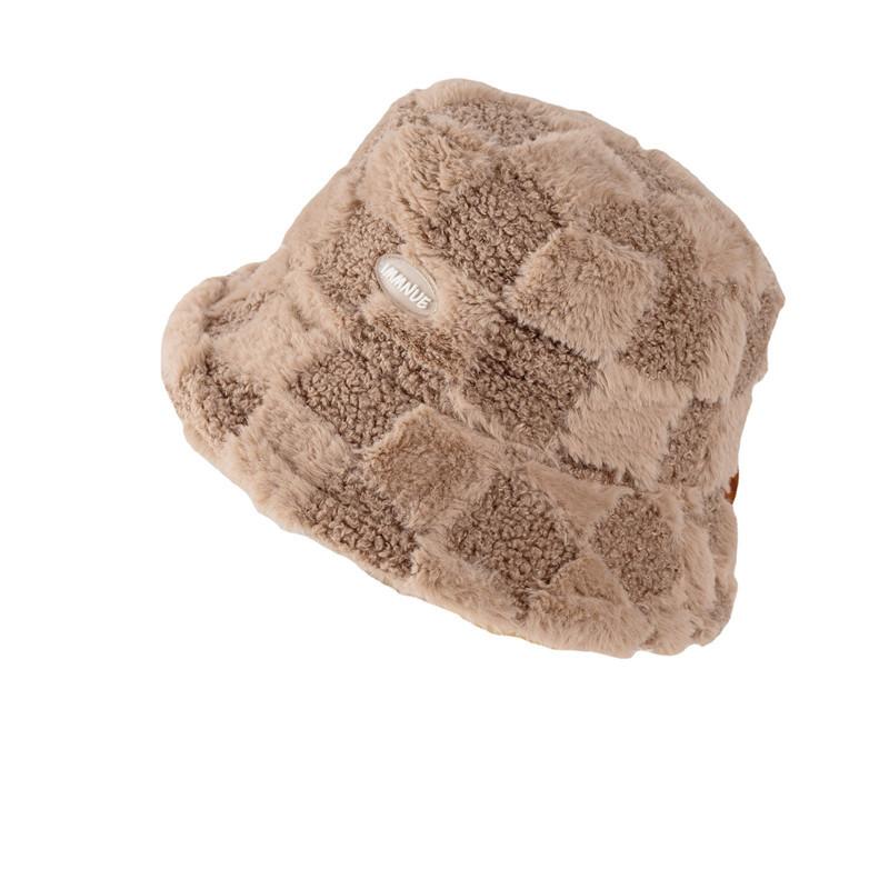 Plush bucket hat female face small fashion versatile checkerboard warm plush basin hat winter hat