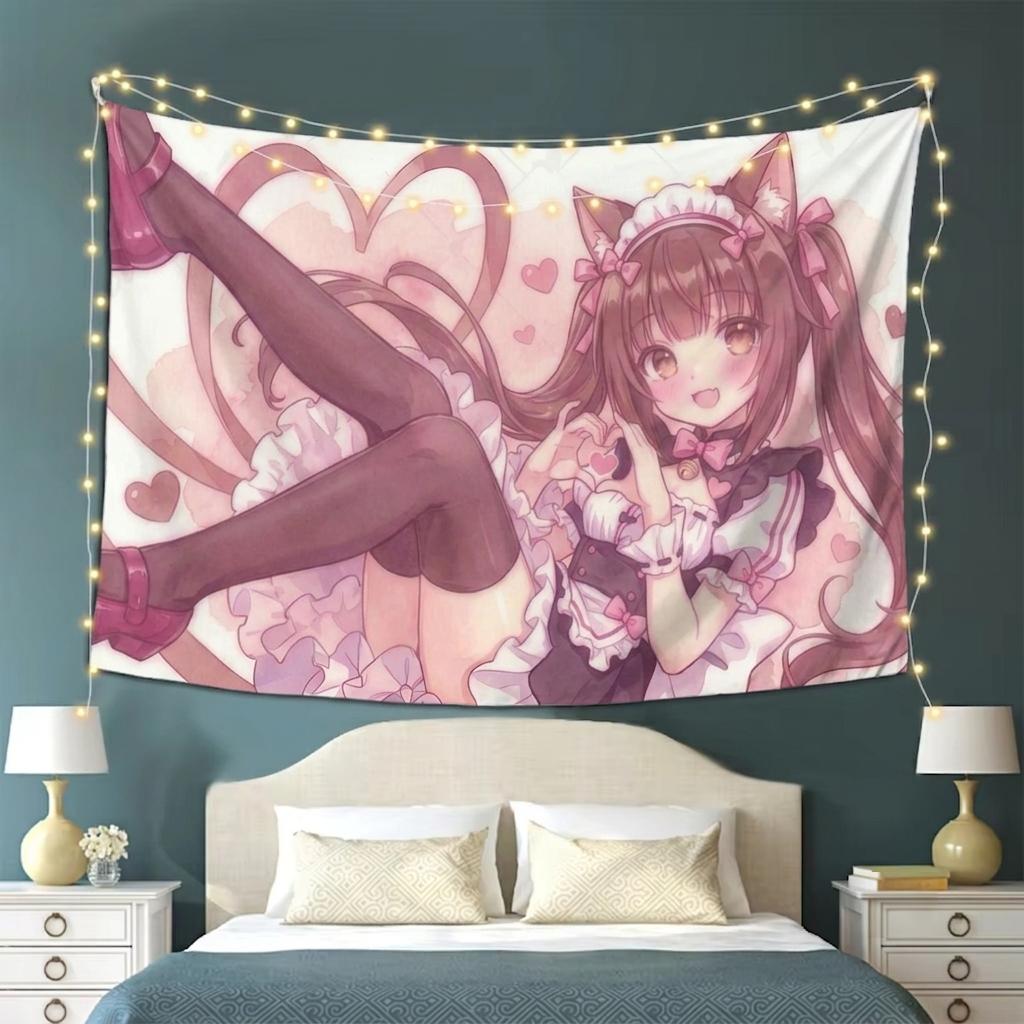 1 шт. Настенный гобелен N-Nekopara C-Chocola, горничная, жест «сердце», розовые банты, принт, декор для фанатов аниме Neko, спальни, общежития, дома