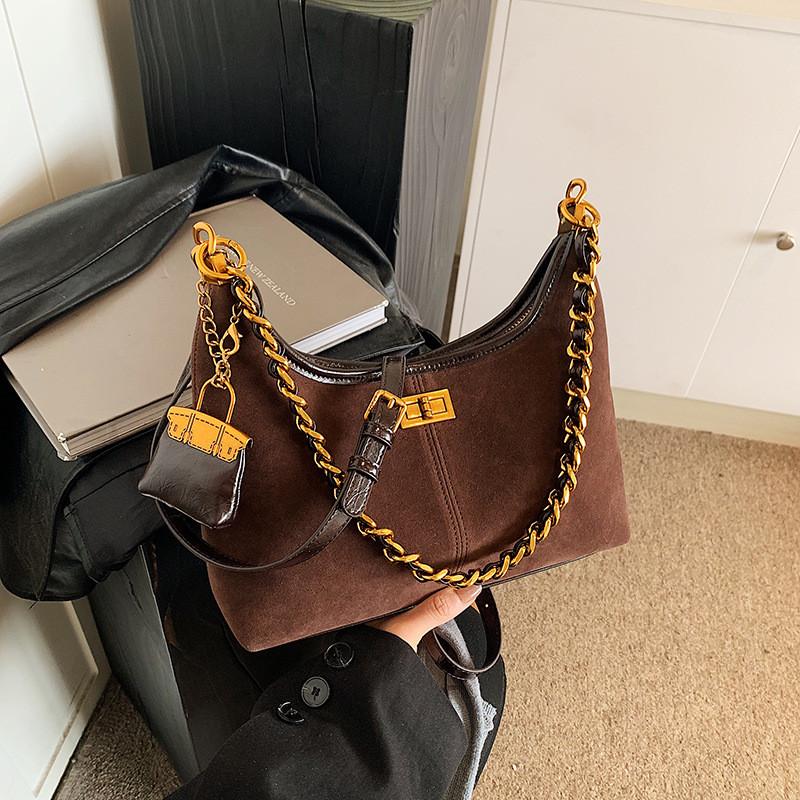 Ielgy Suede Large Capacity Autumn Winter Retro Shoulder Messenger Bag Chain Commuter Bucket Bag