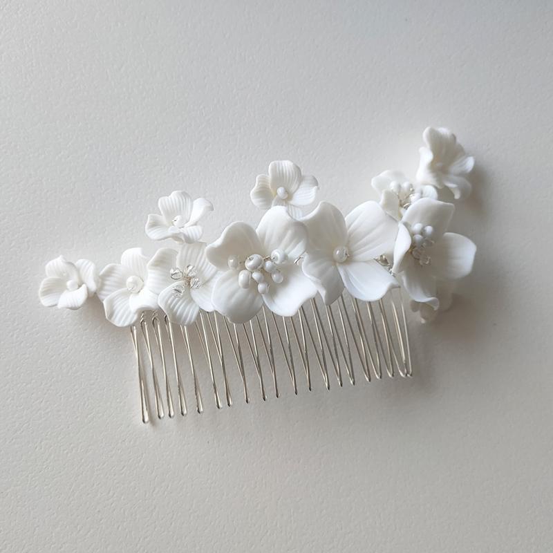 Romantic White Ceramic Flower Bridal Hair Comb Bridesmaid Wedding Accessories Hair Piece Jewelry